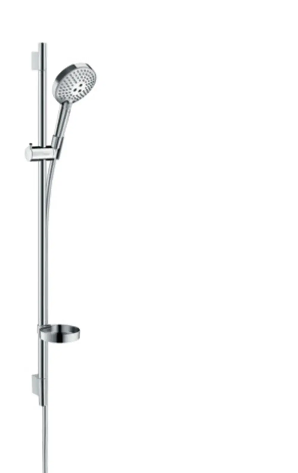 Hansgrohe Brauseset mit Handbrause, Halter und Brausestange in Chromfarbe, montiert an der Wand, mit einem ergonomischen Design für die Dusche.